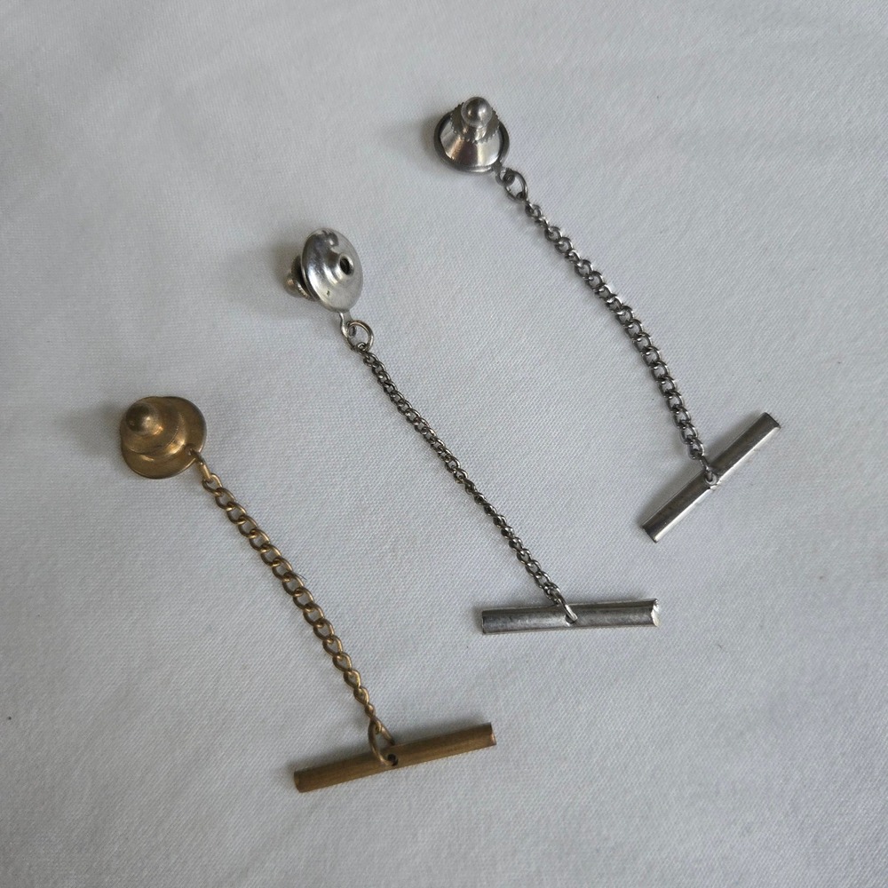 VTG Tie Tack Set 3‎ Mens Gold Silver T Bar Formal Wedding Dapper Retro Unbranded